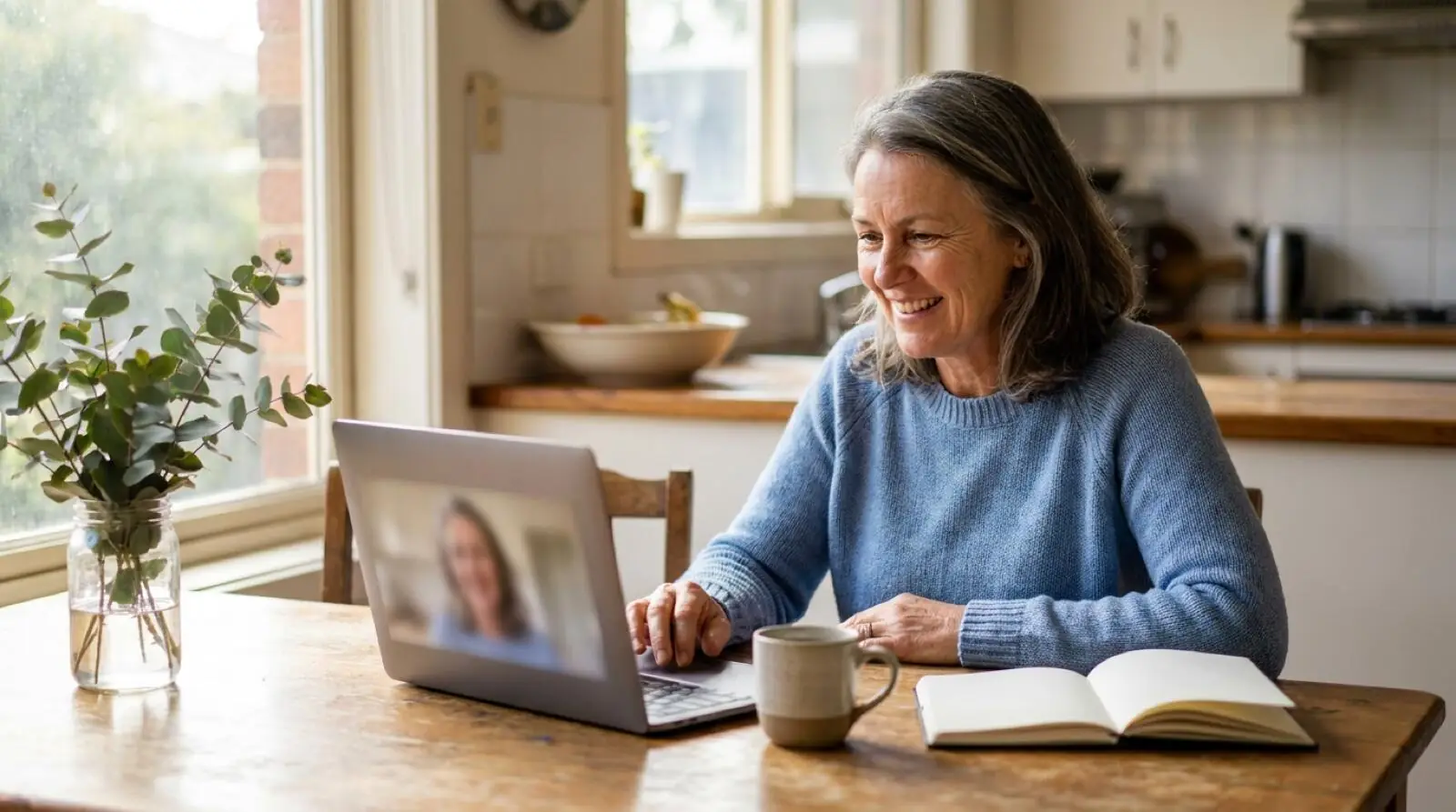A patient on a video call with her advisor before travelling