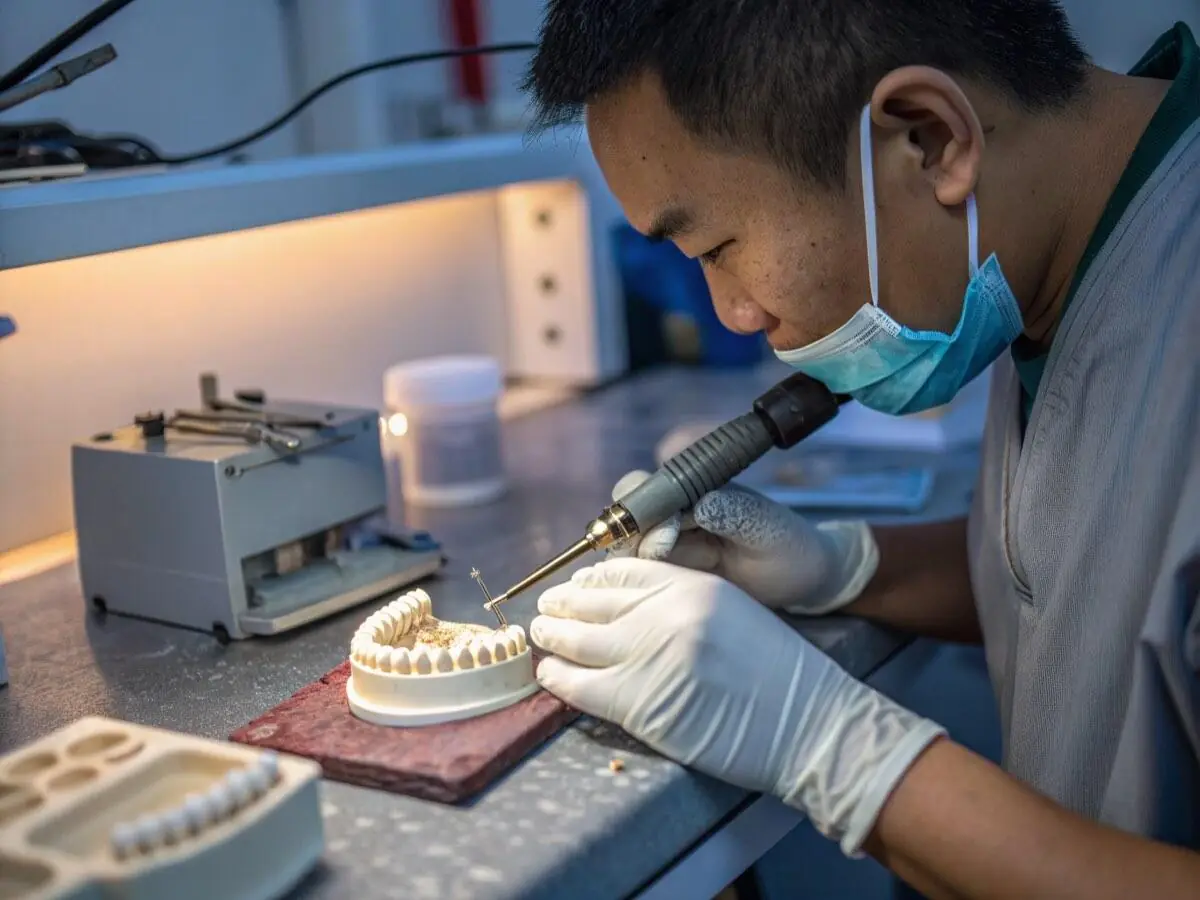 A dental technician shaping a ceramic crown