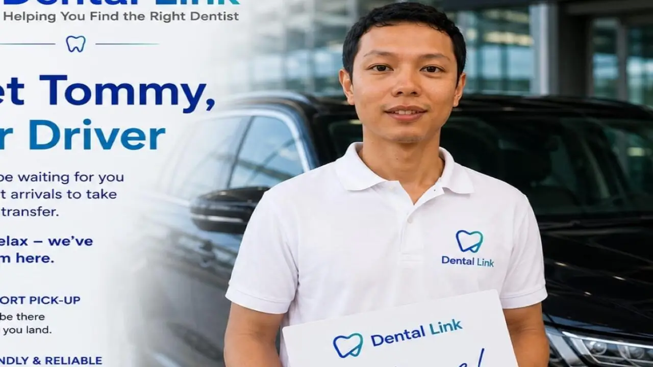 Tommy, your Dental Link driver, waiting at arrivals with a welcome sign